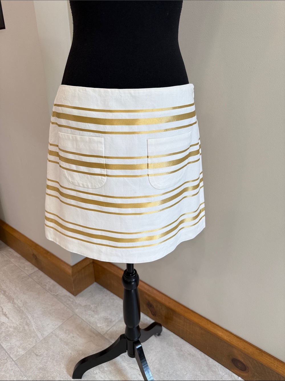 J. Crew White and Gold metallic striped skirt size 6